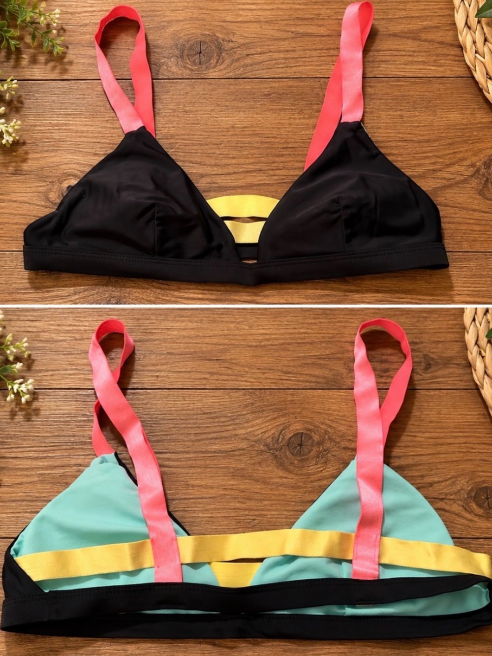 Colorblock Triangle Bikini Top in Black, Mint & Pink
